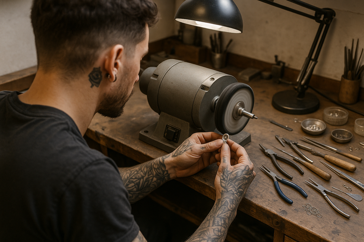 have the photo taken from behind him, using a bench polisher, dont get the mans face in itm give him short curly hair, and both arms tattooed, and tattoos behind his ear adn earings